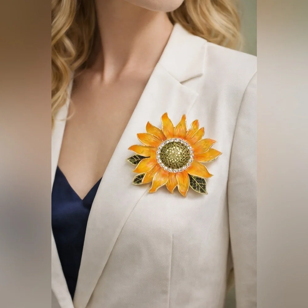 Floral Sunflower Brooch Pin – Crystal Rhinestone Flower Jewelry